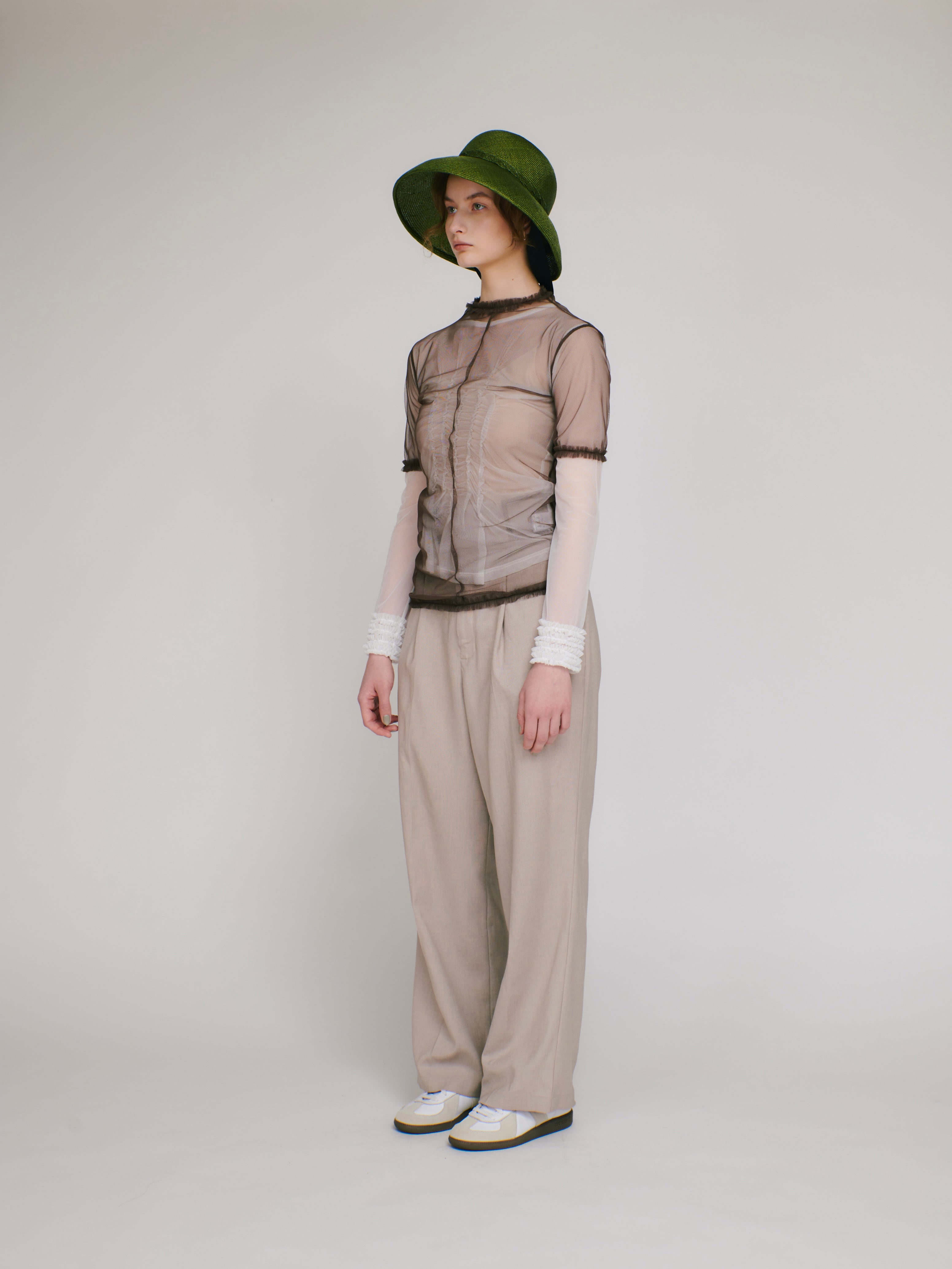 4way layered sheer top (white×brown)