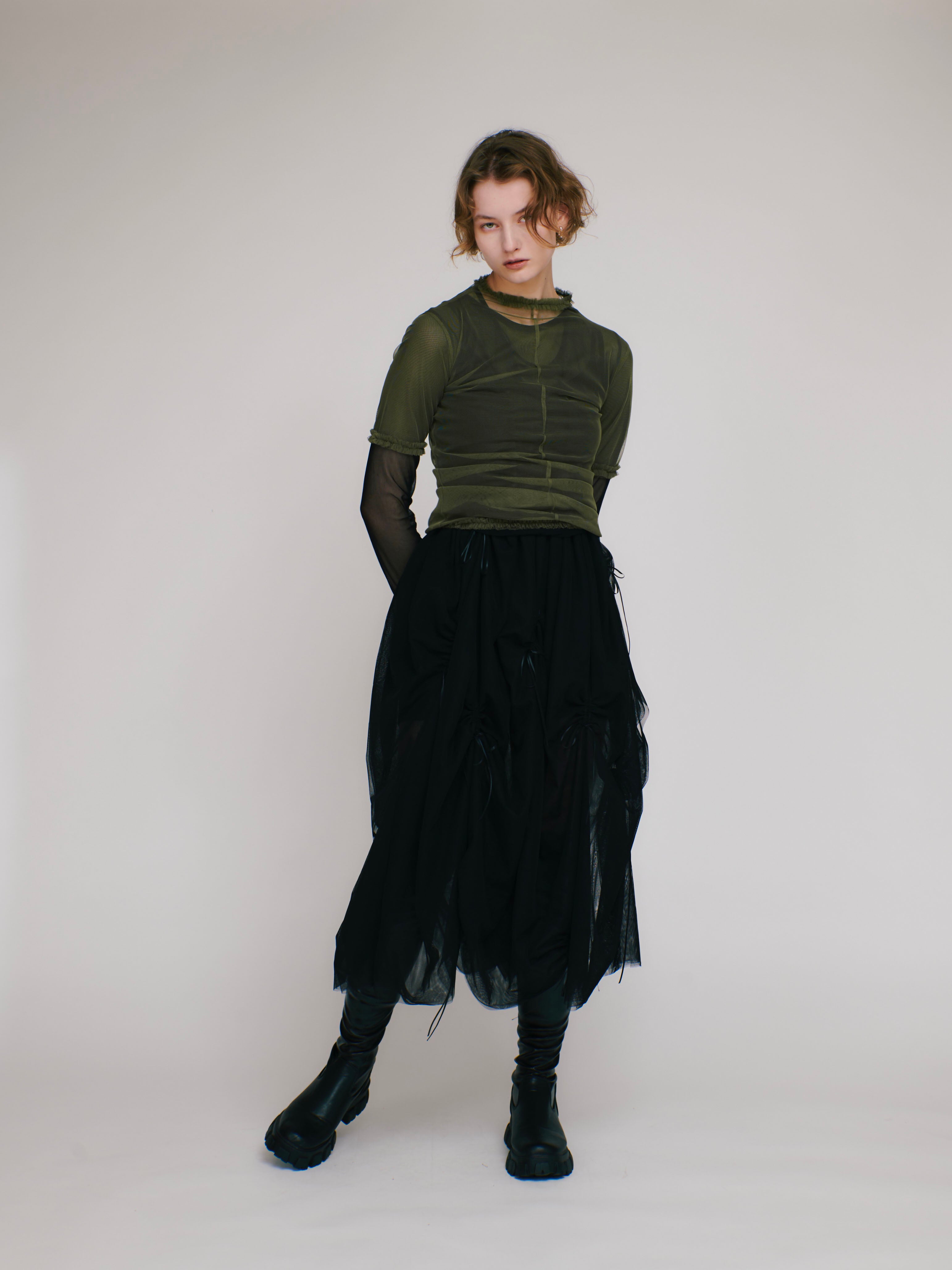 4way layered sheer top (black×khaki)