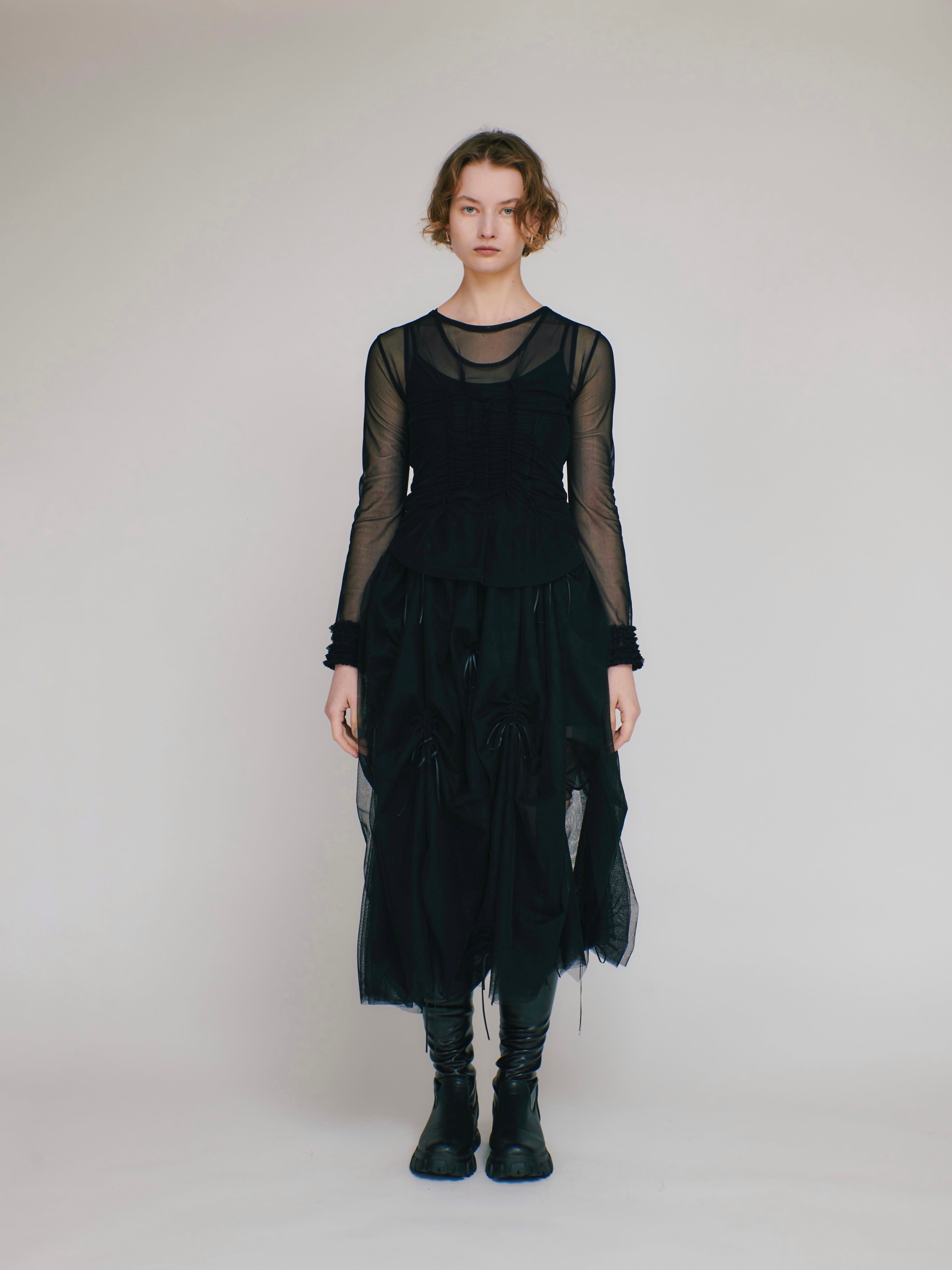 4way layered sheer top (black×khaki)