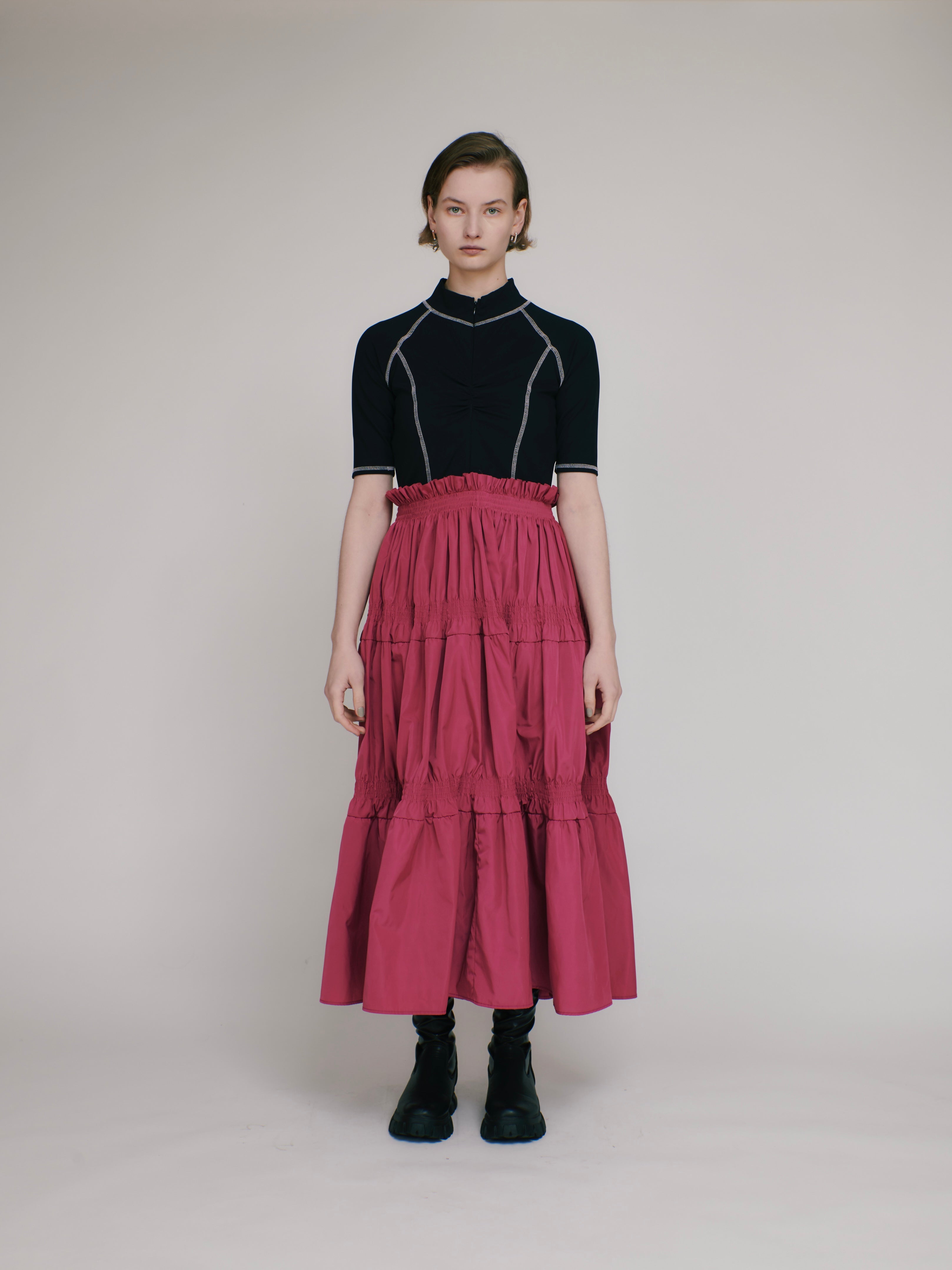 Scuba top tiered dress (black-pink)