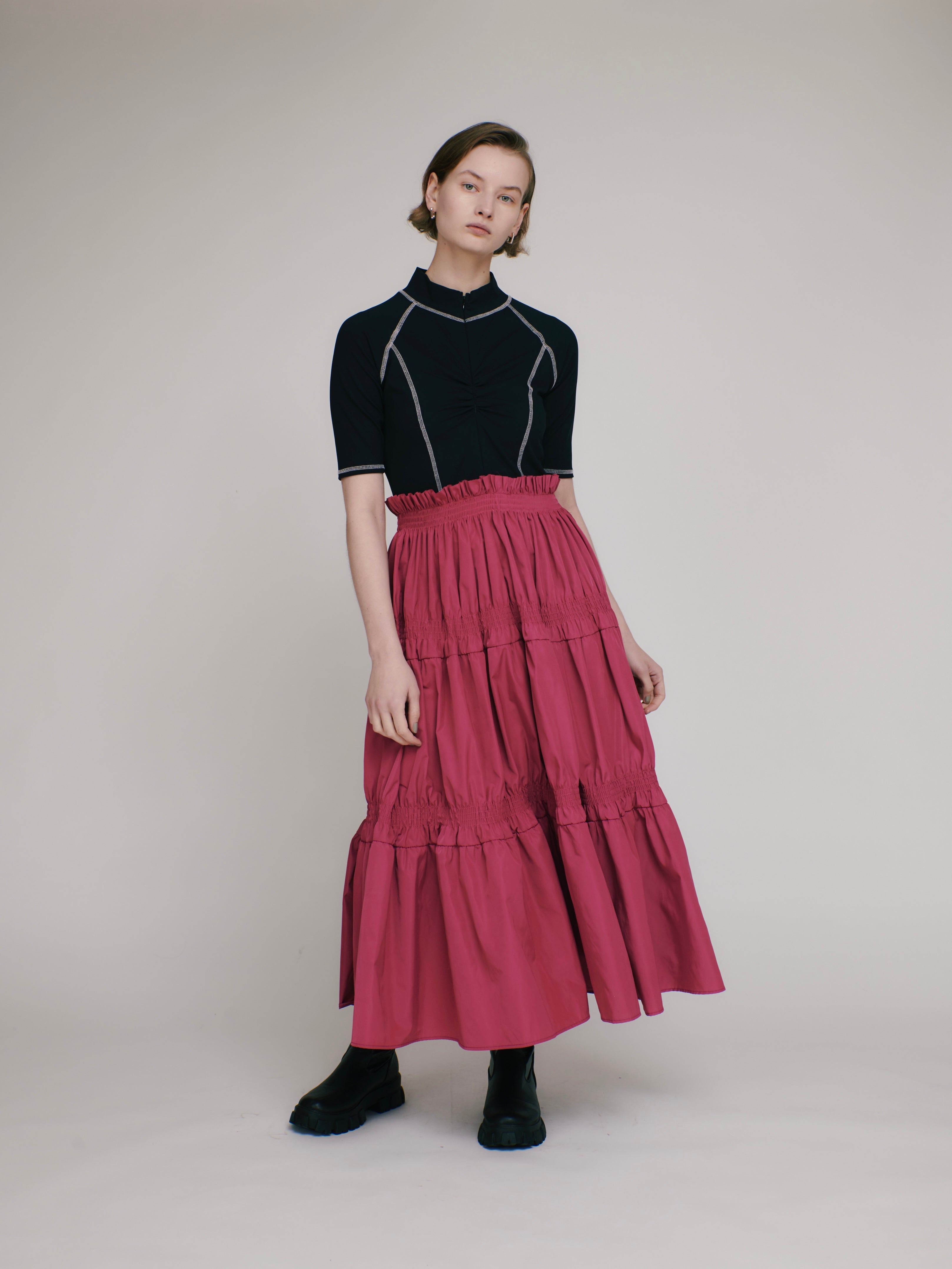 Scuba top tiered dress (black-pink)