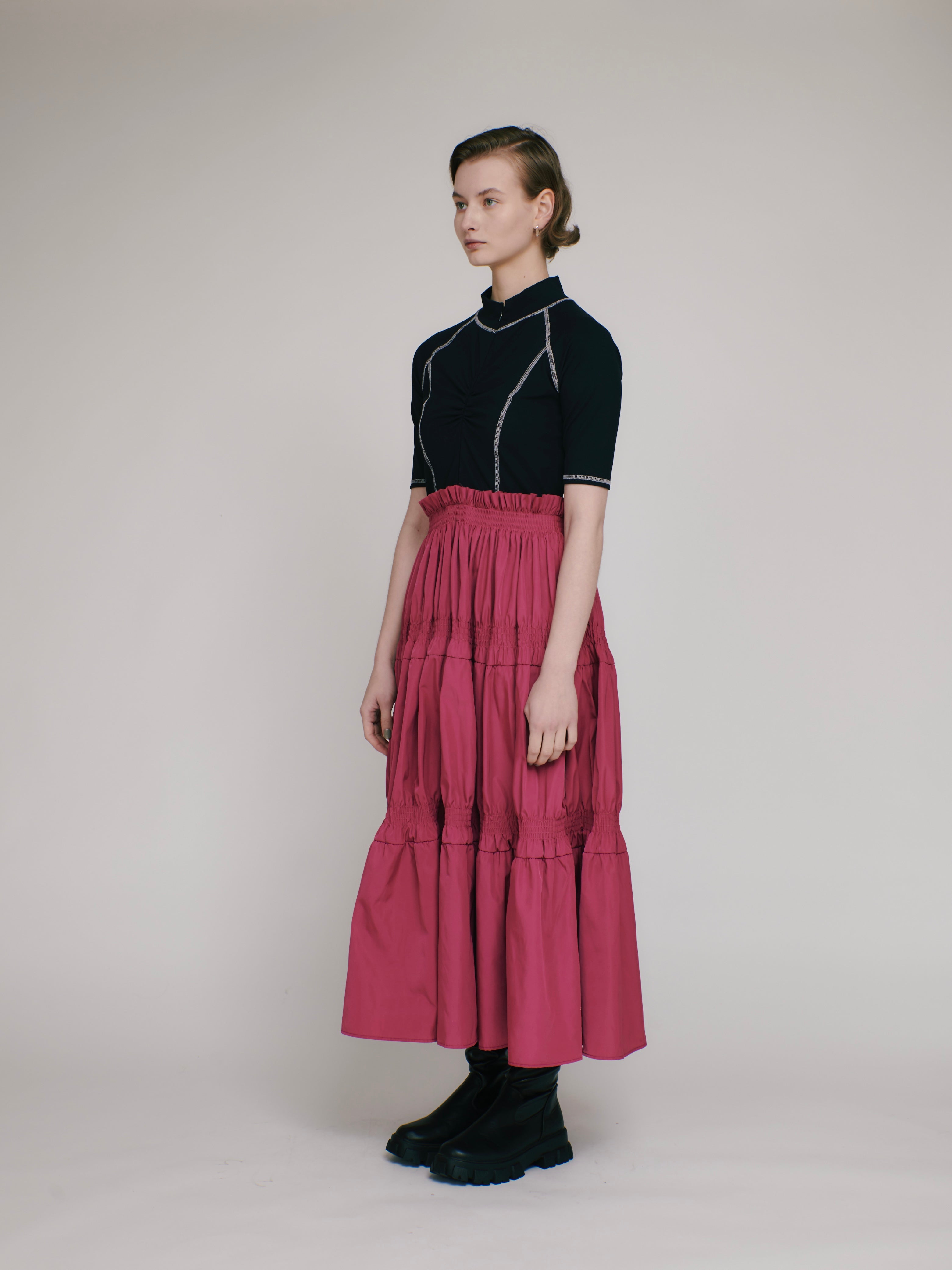 Scuba top tiered dress (black-pink)