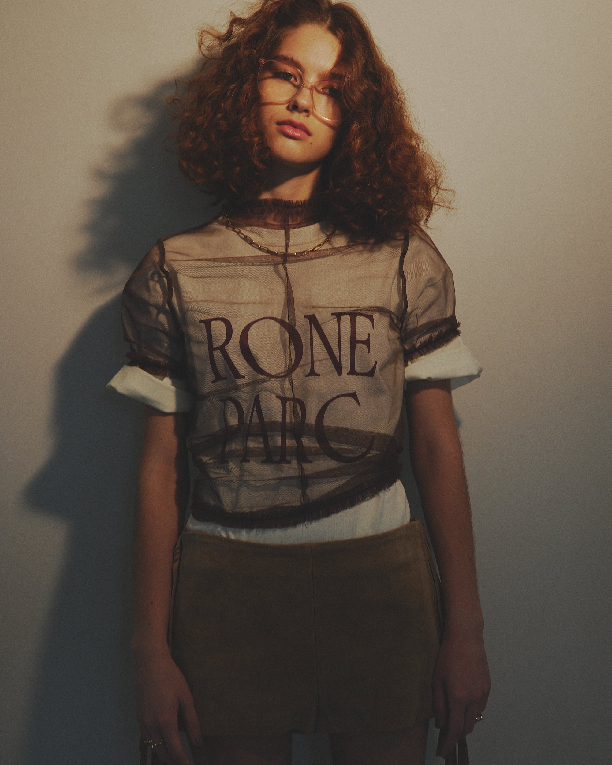4way layered sheer top (white×brown)