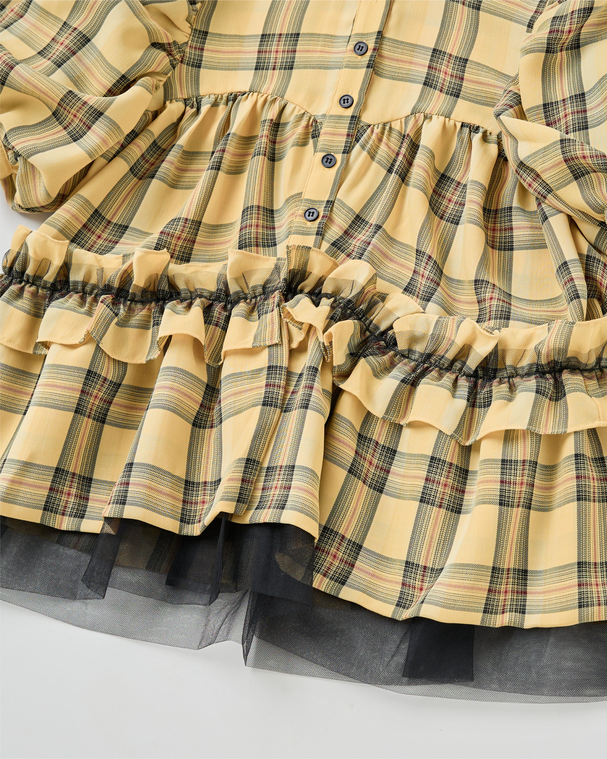 Puff sleeve hem frill blouse (check)