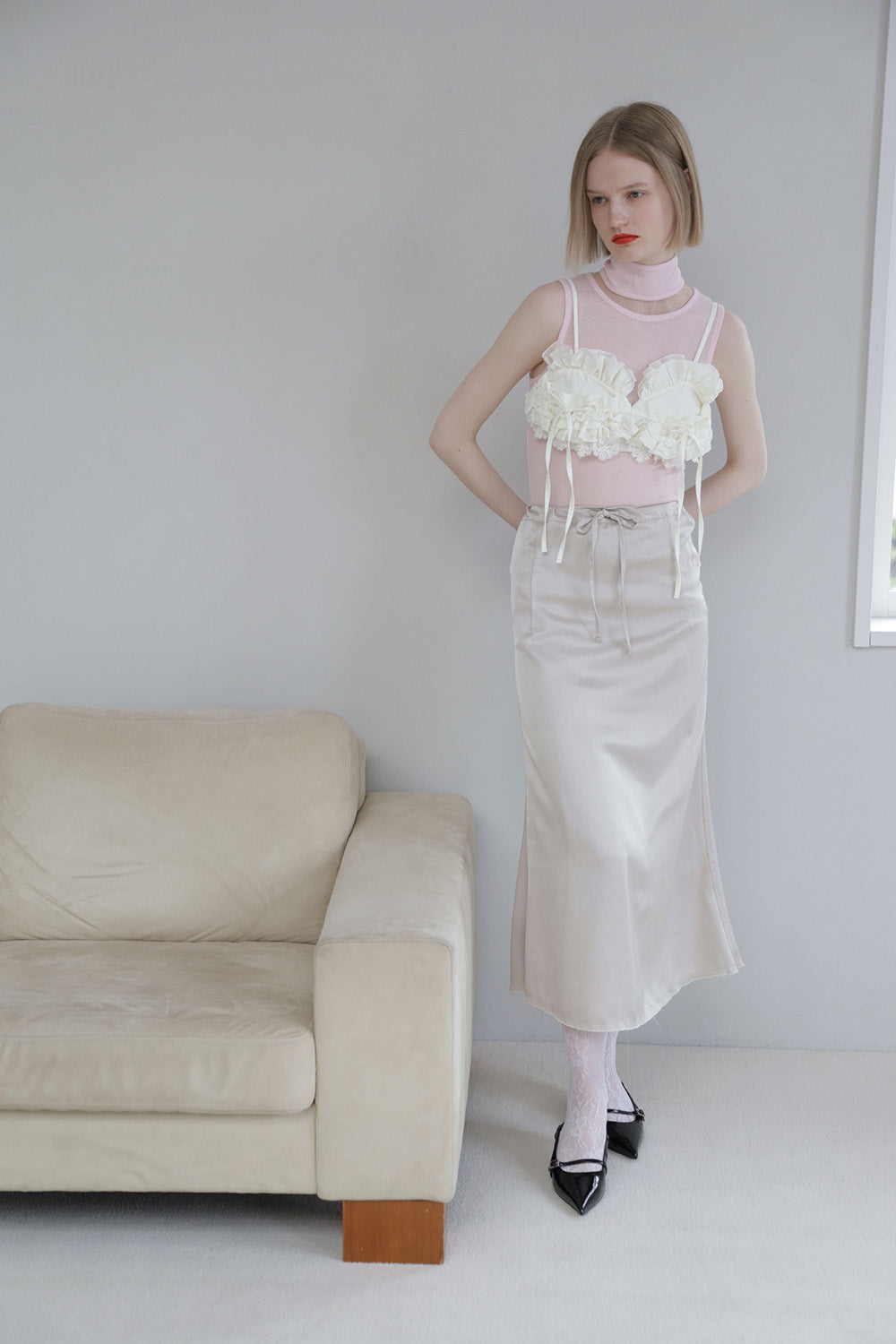 2way dots satin skirt (champagne)