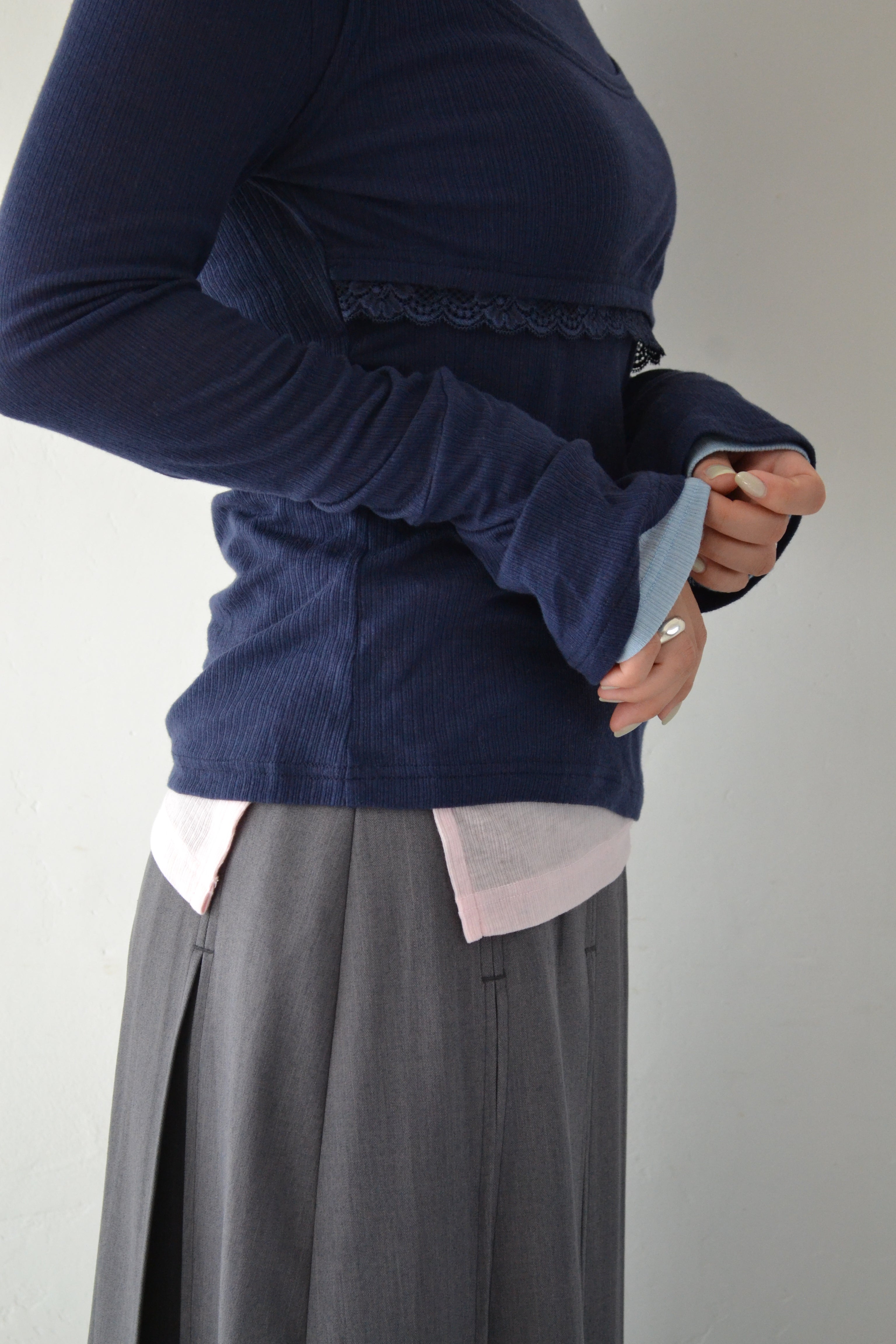 Rib sheer tops (navy)