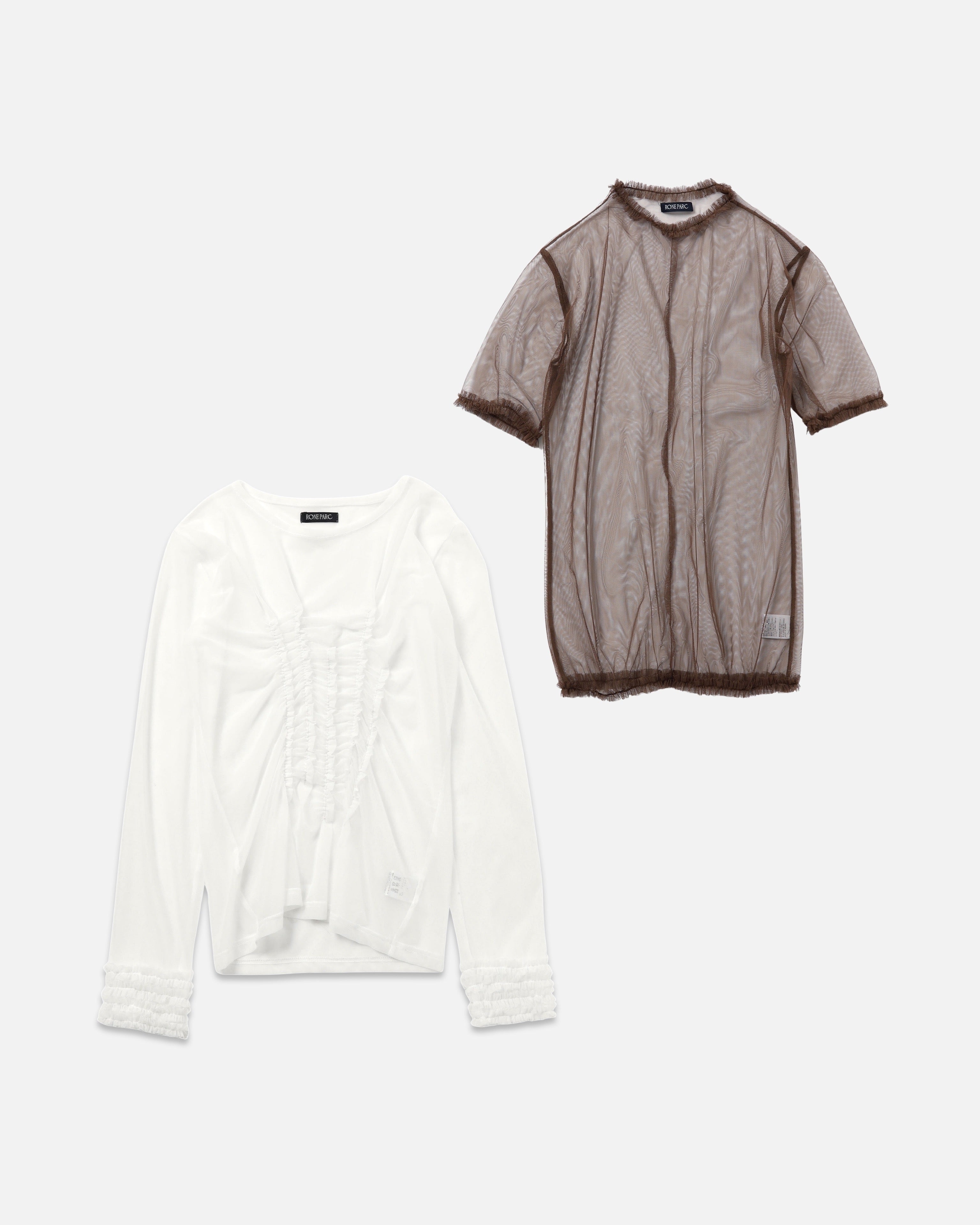 4way layered sheer top (white×brown)