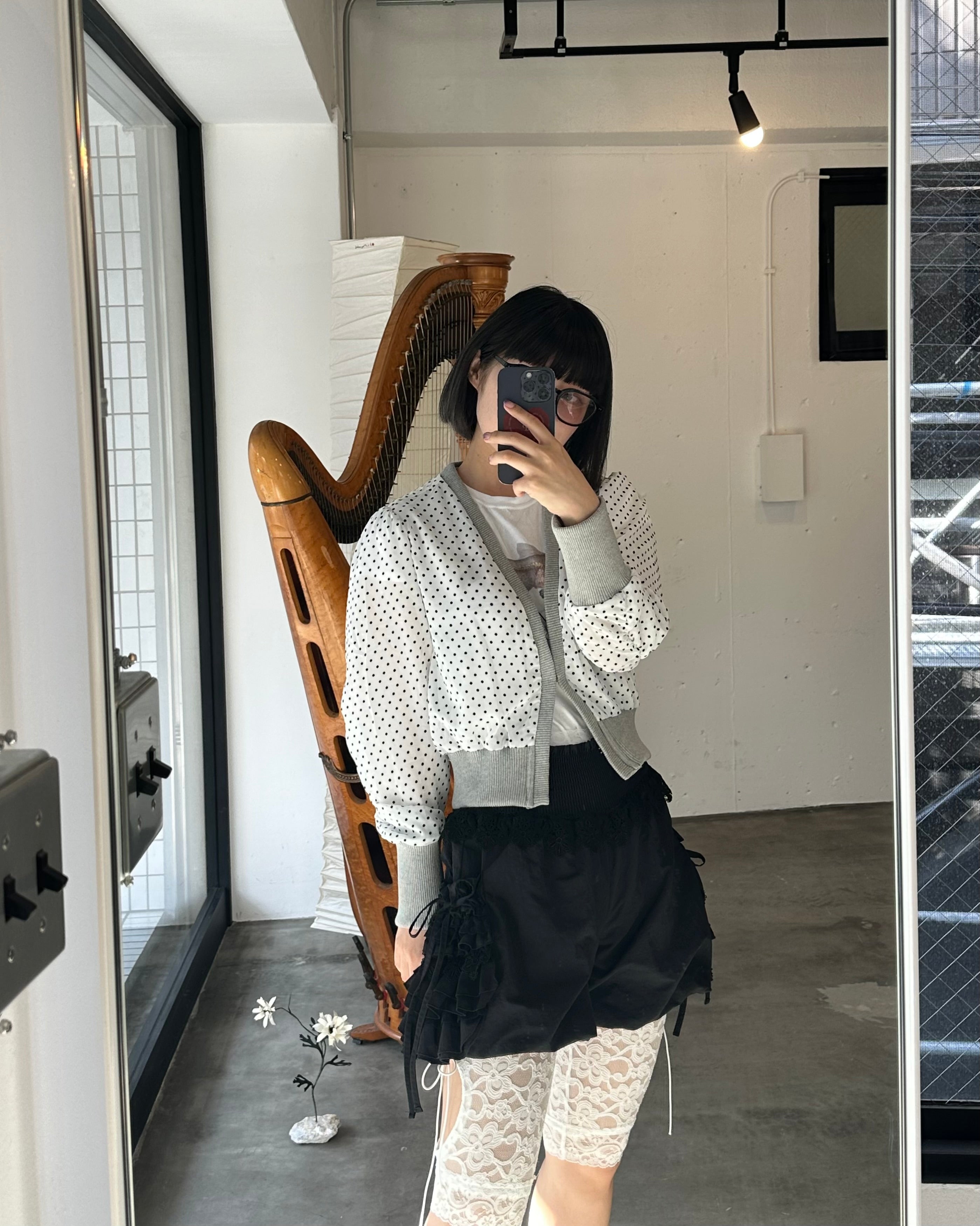 Polka dot gather cardigan (white)