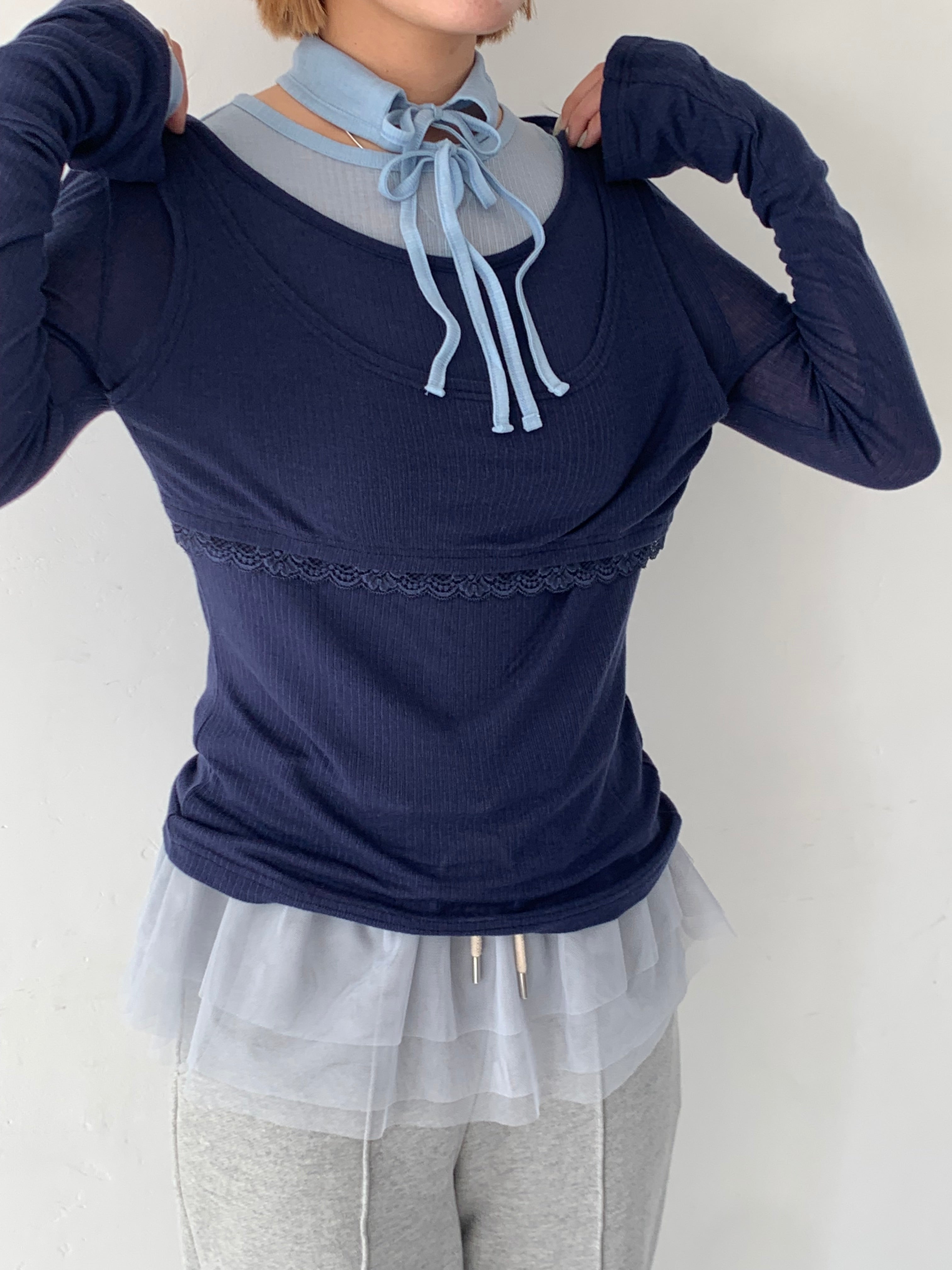 Rib sheer tops (navy)