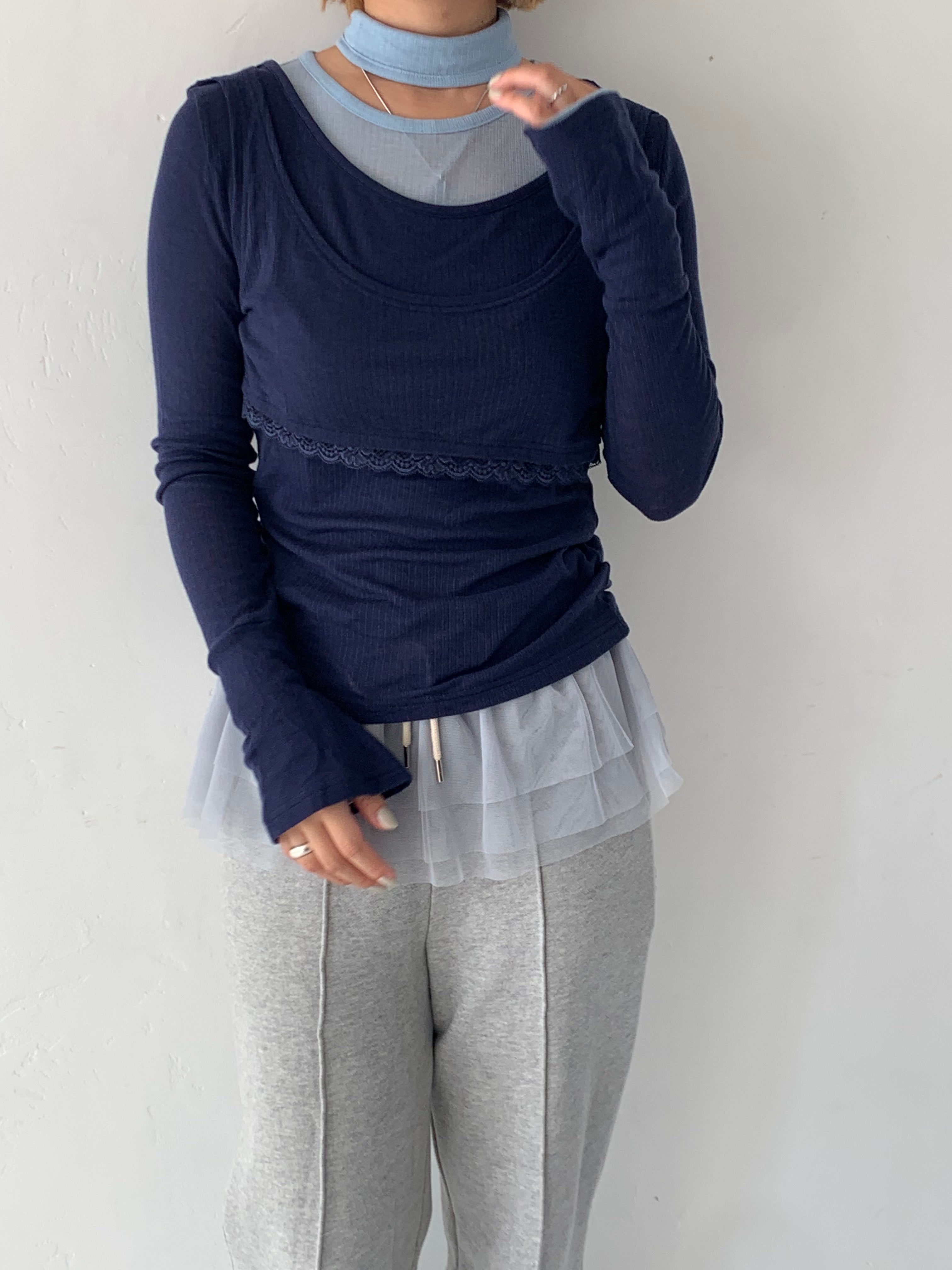 Rib sheer tops (navy)