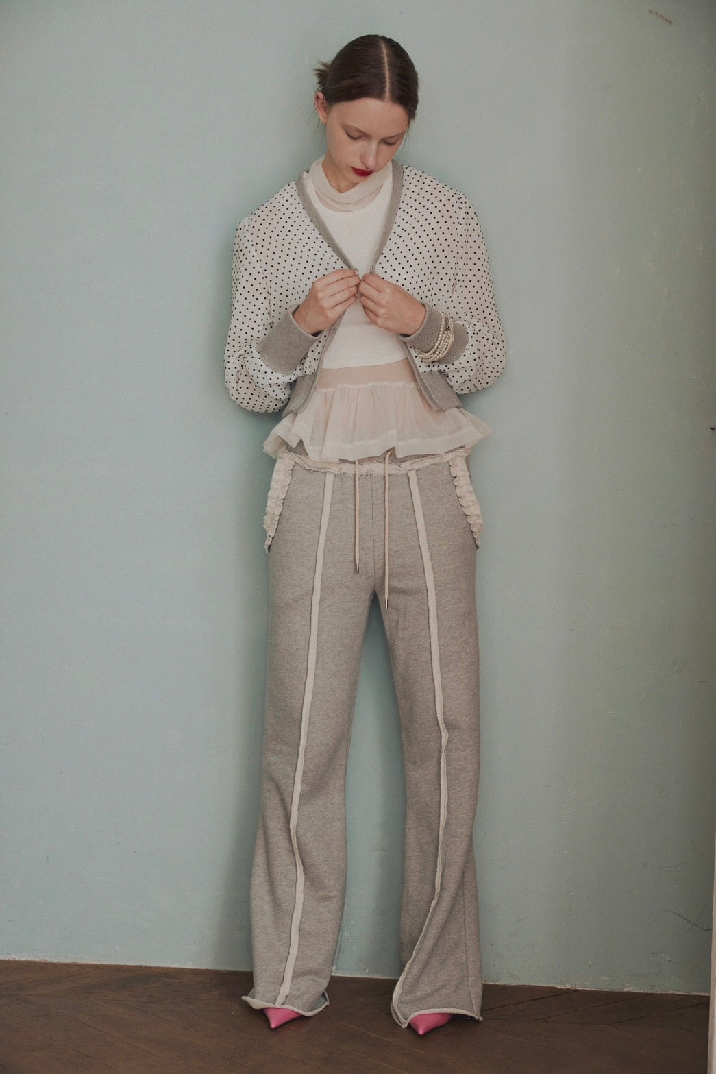 Polka dot gather cardigan (white)