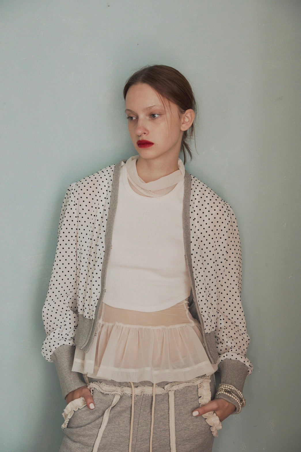Polka dot gather cardigan (white)