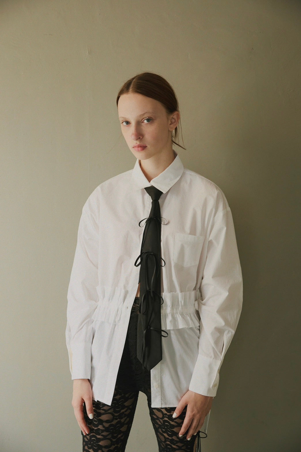 Drawstring frill waist shirt (white)