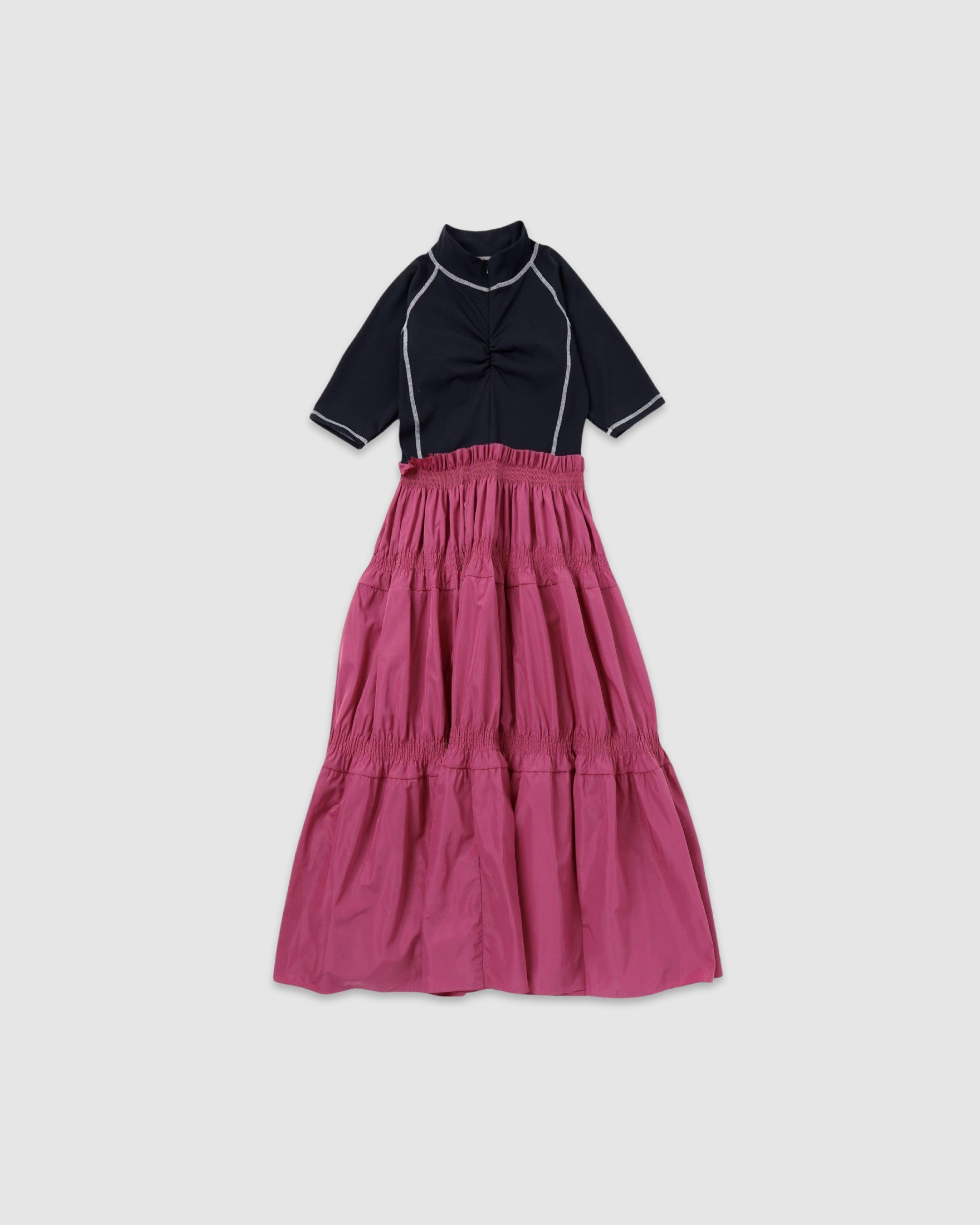 Scuba top tiered dress (black-pink)