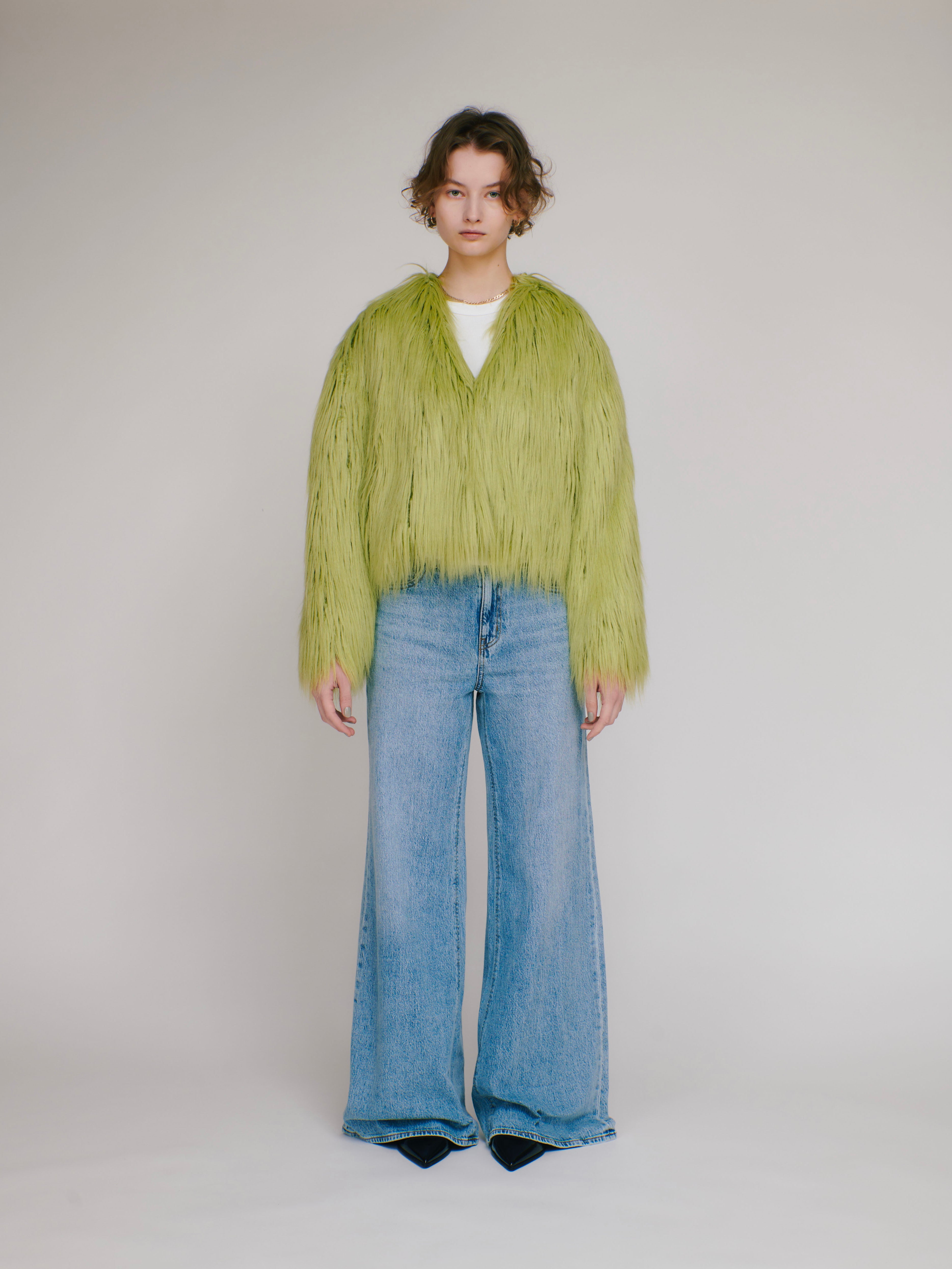 Faux fur short jacket ( lime yellow )