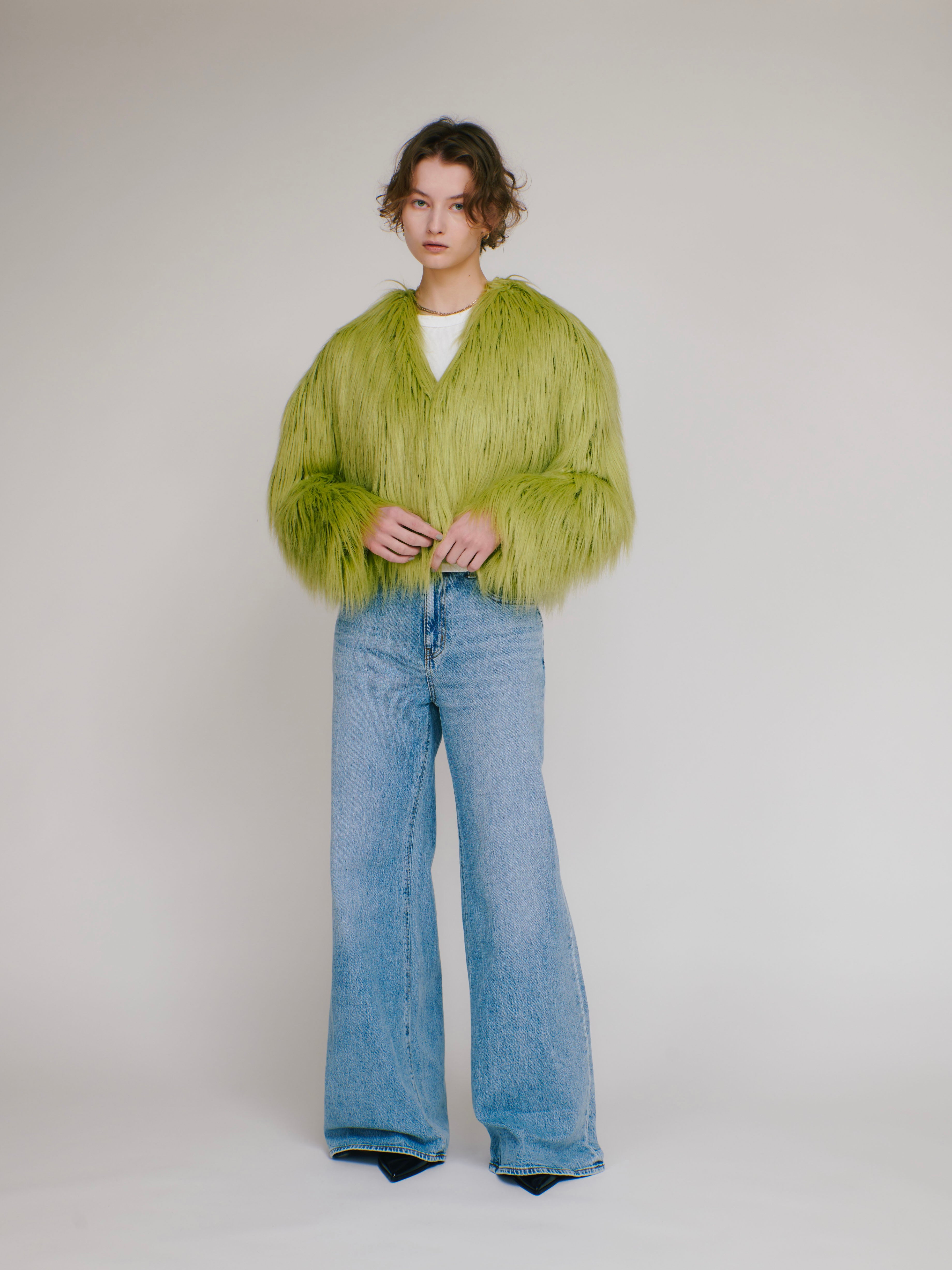 Faux fur short jacket ( lime yellow )