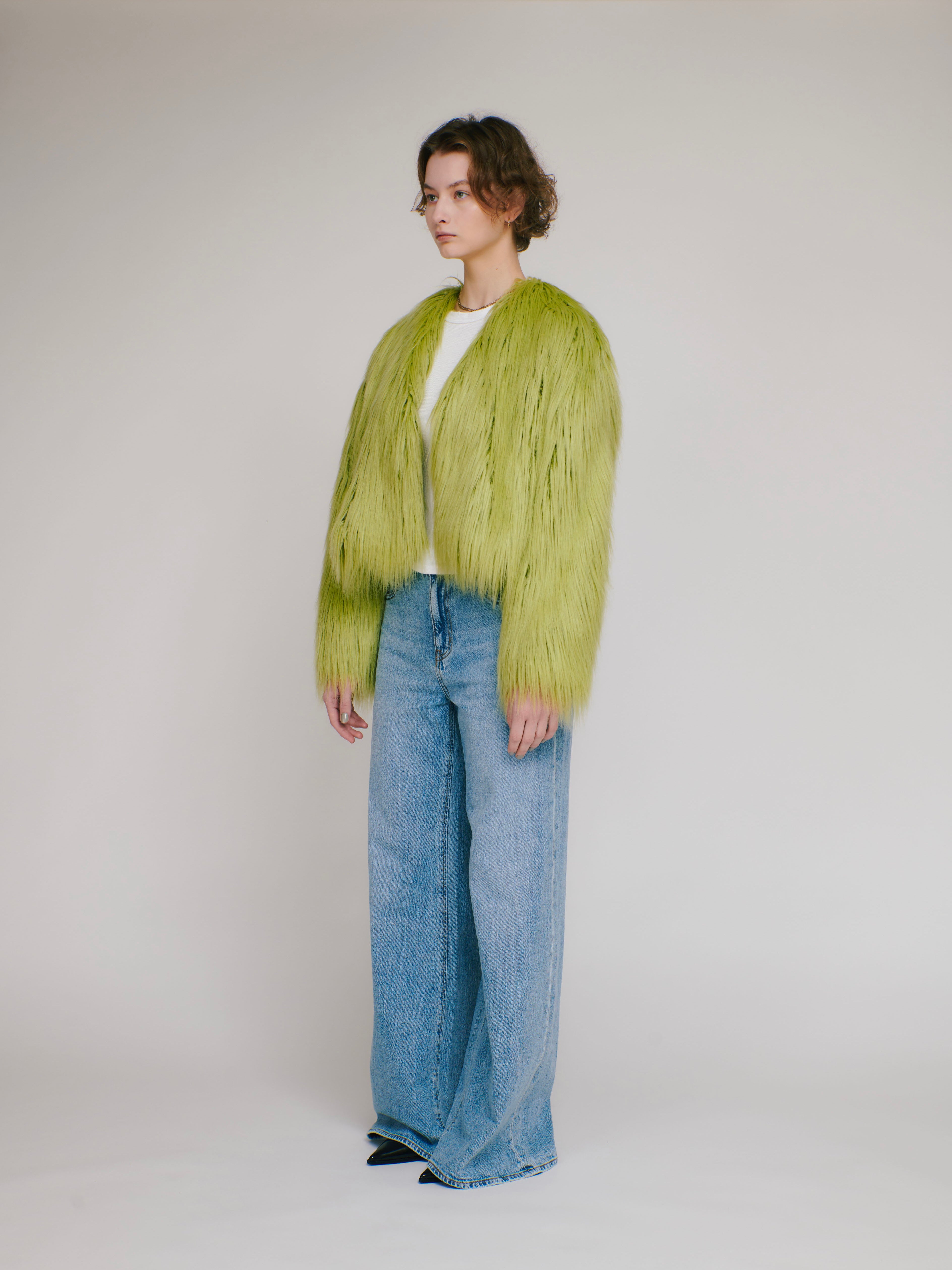 Faux fur short jacket ( lime yellow )