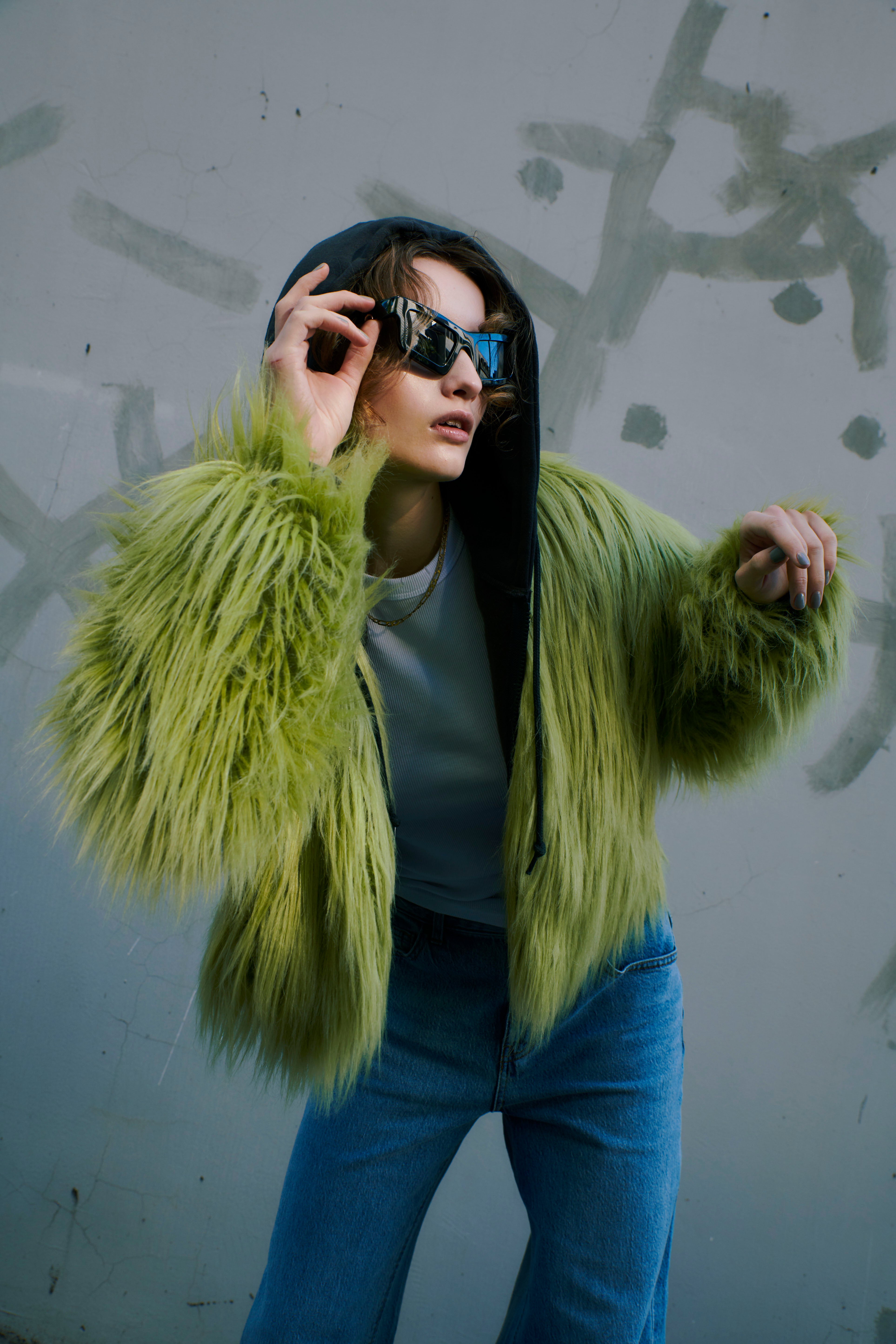 Faux fur short jacket ( lime yellow )