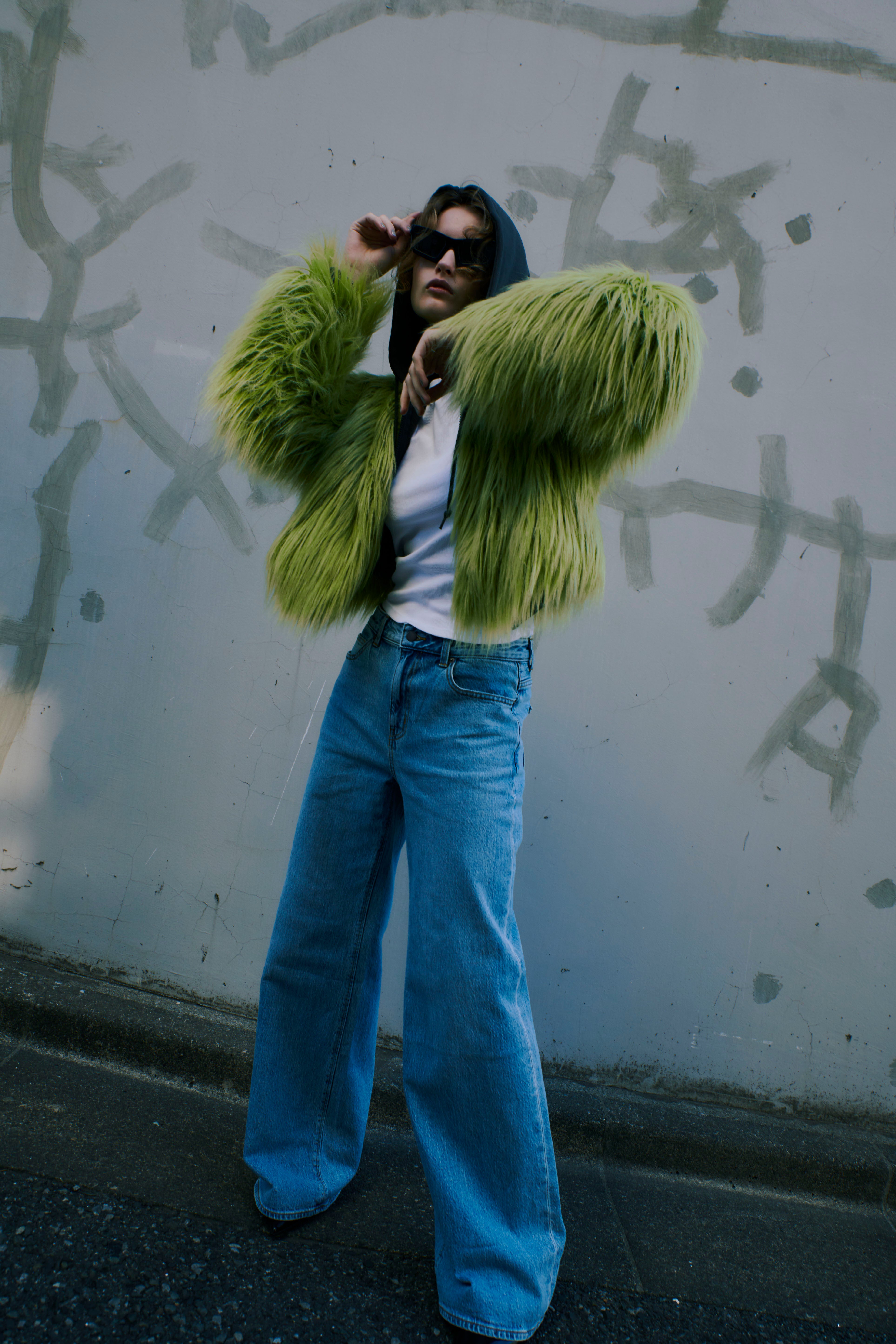 Faux fur short jacket ( lime yellow )