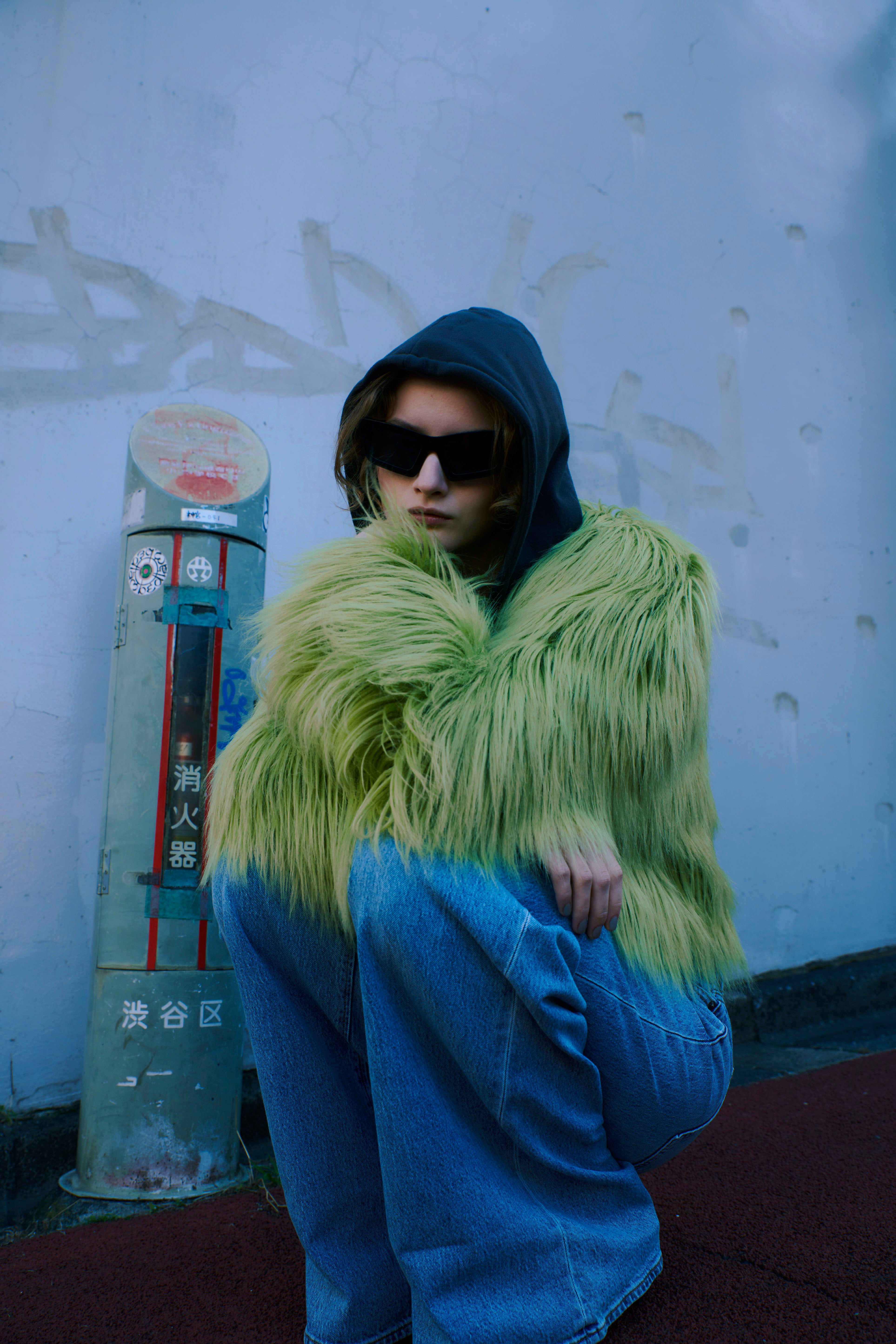 Faux fur short jacket ( lime yellow )