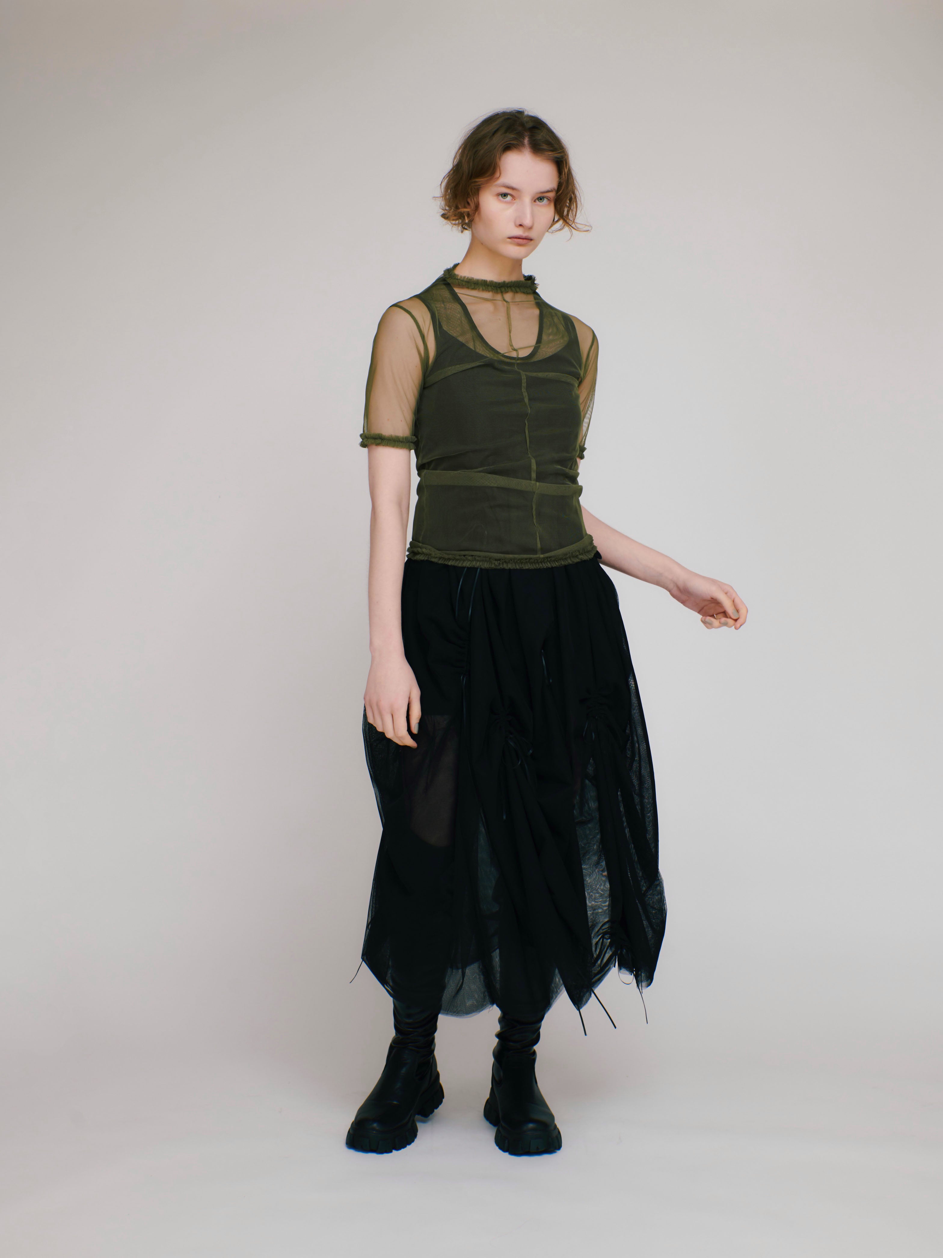 4way layered sheer top (black×khaki)