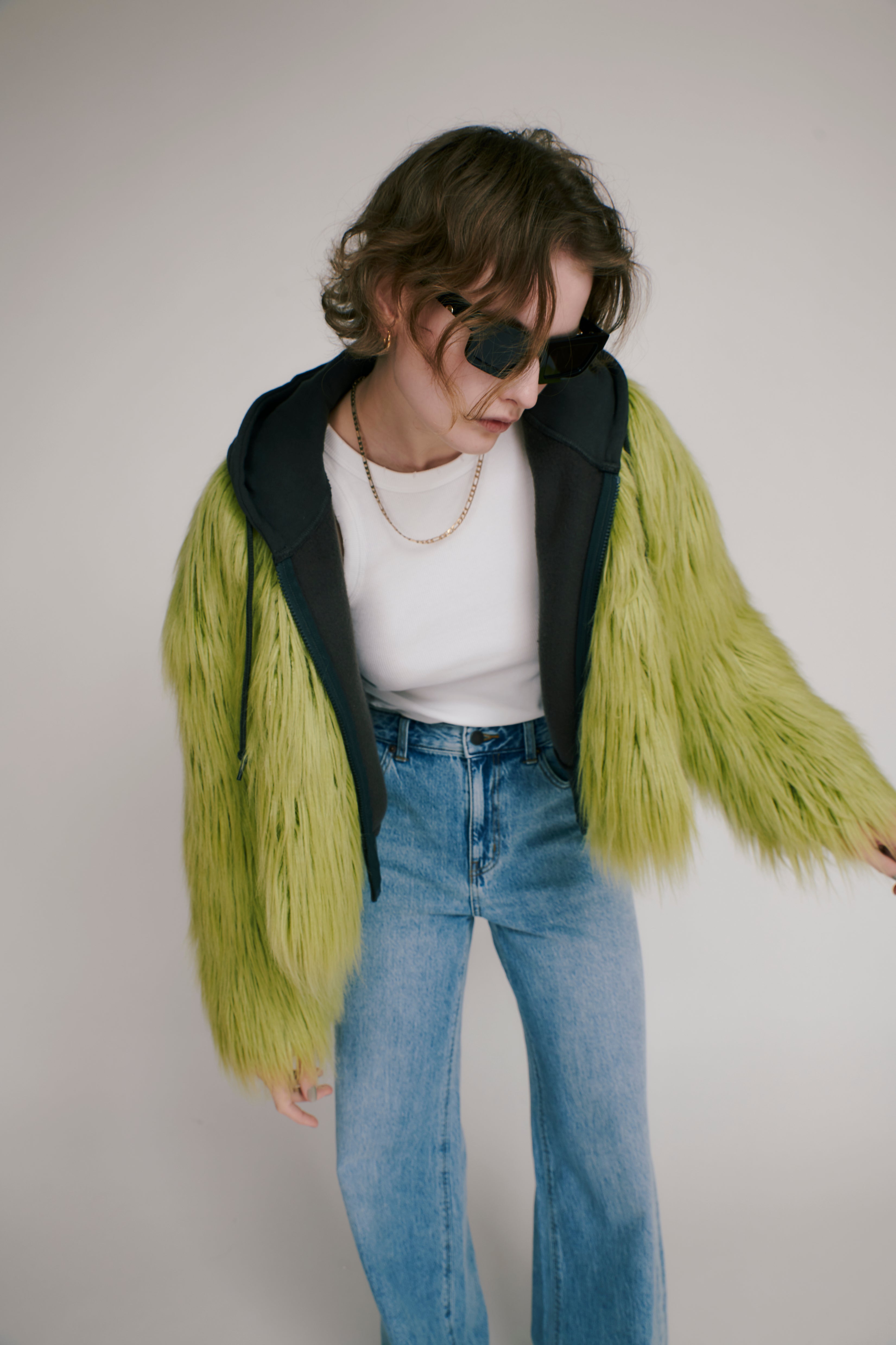 Faux fur short jacket ( lime yellow )