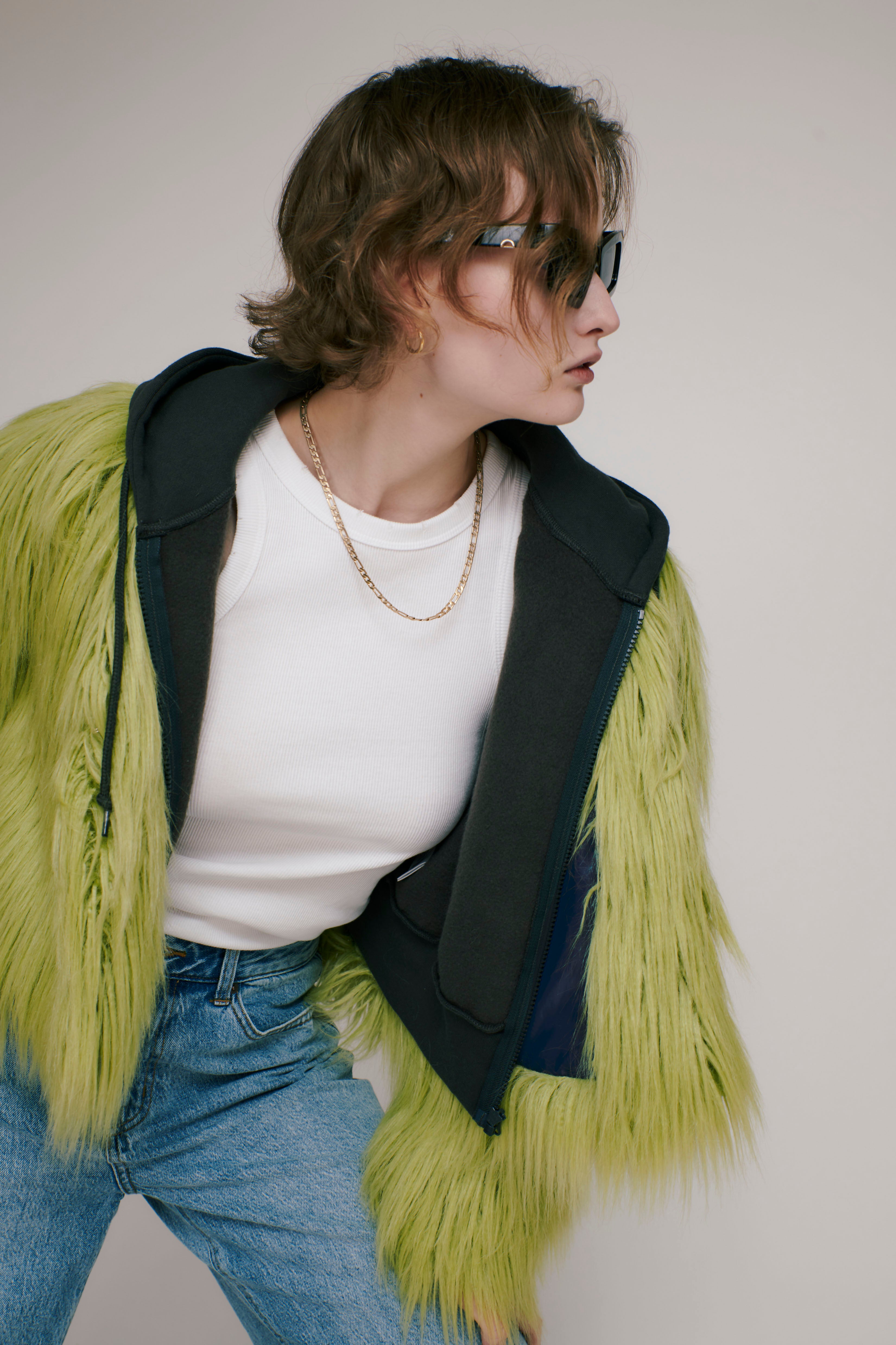 Faux fur short jacket ( lime yellow )