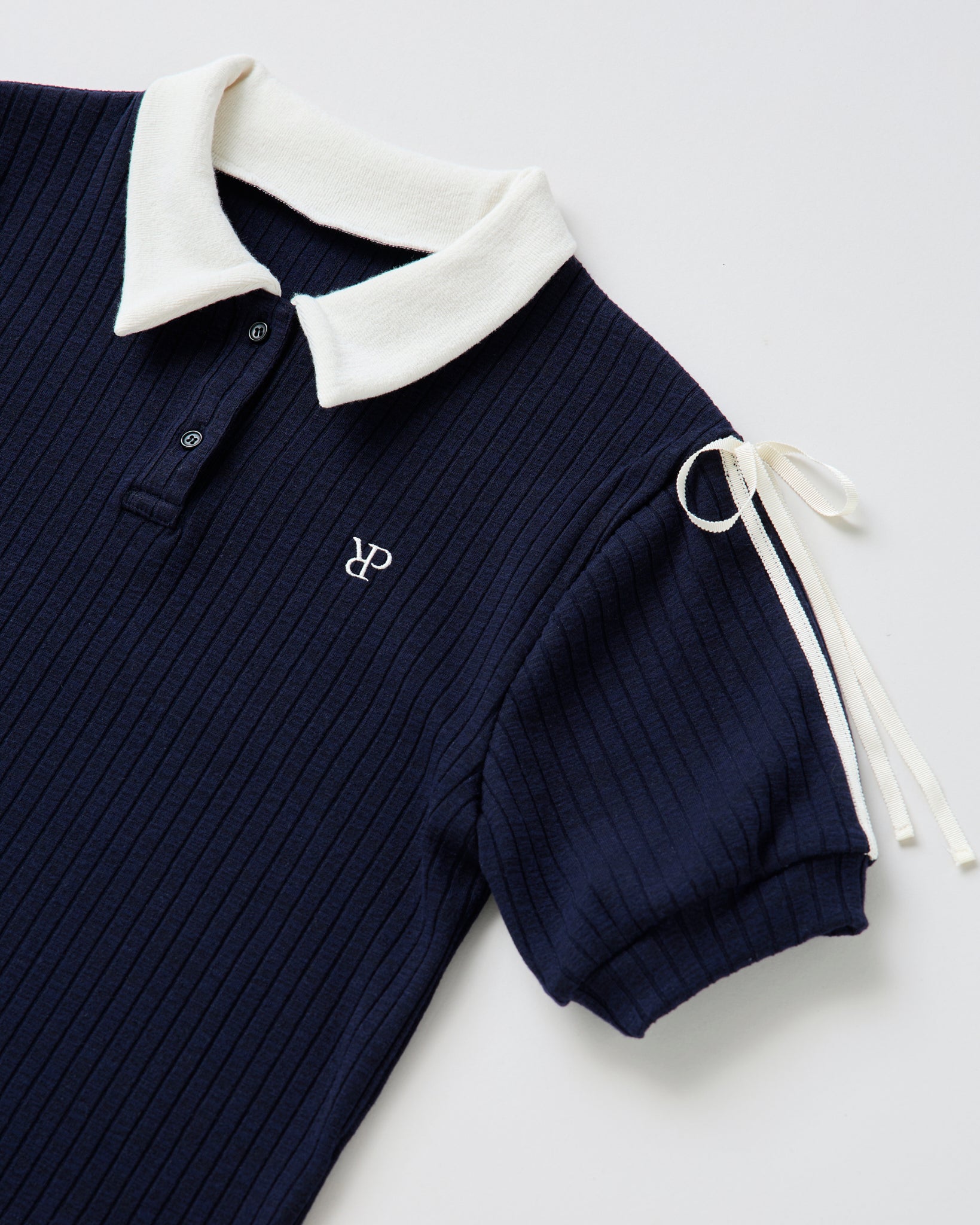 Ribbon shoulder knit polo shirt (navy)