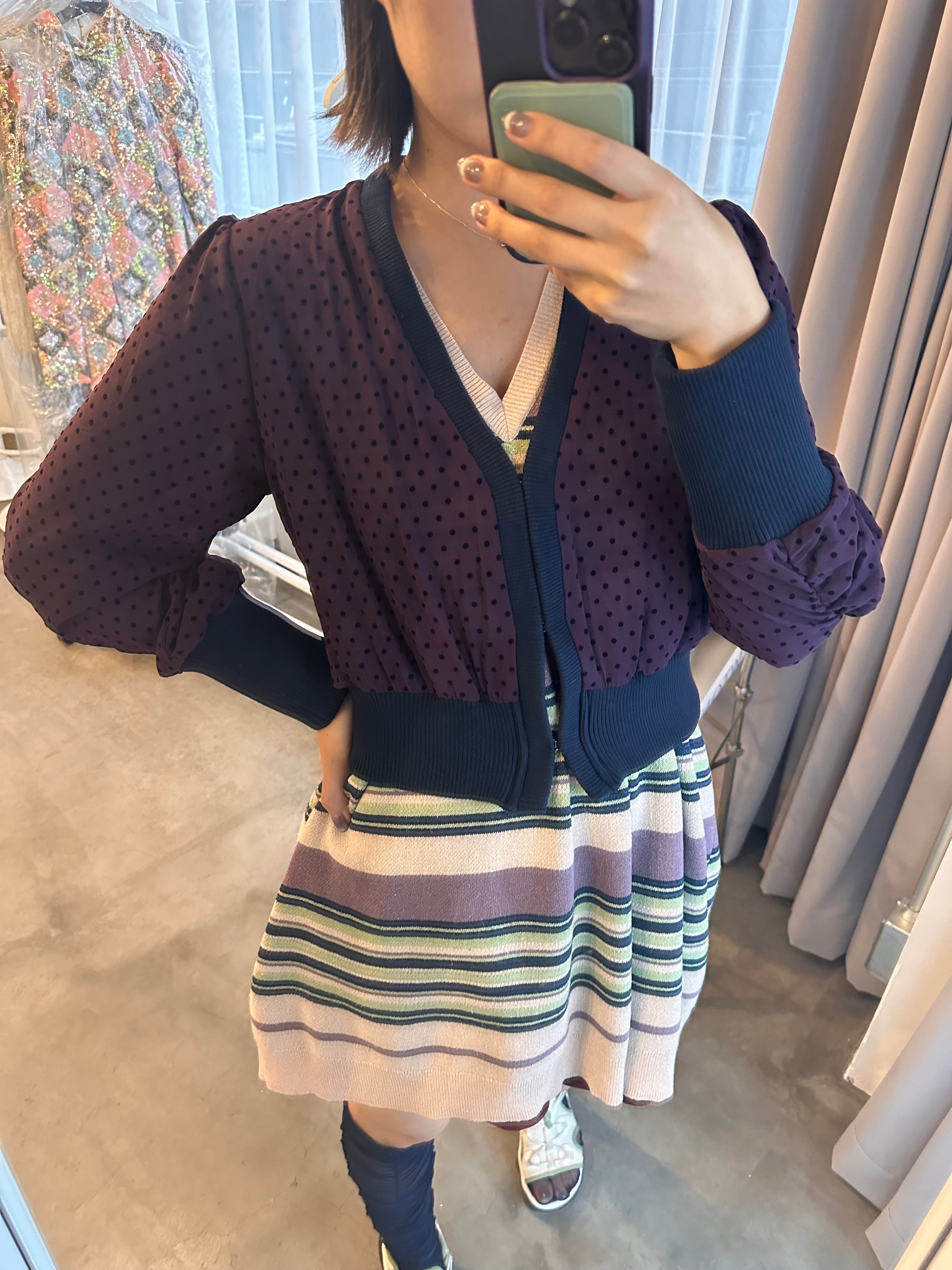 Polka dot gather cardigan  (purple)