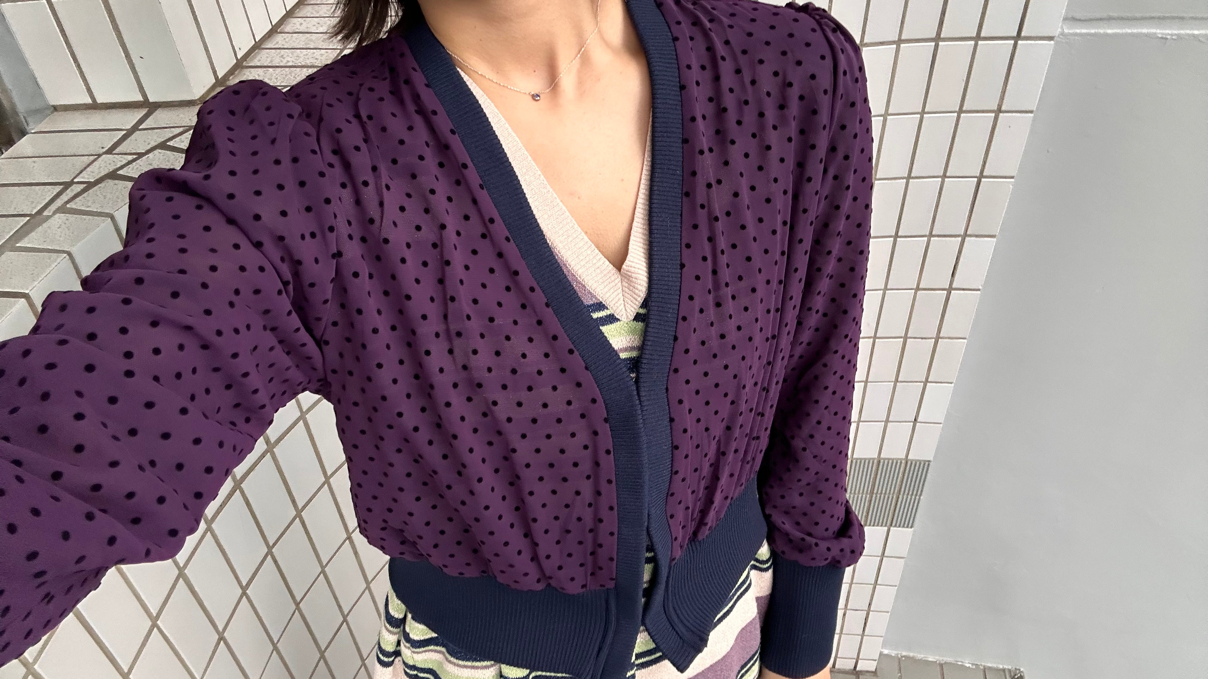 Polka dot gather cardigan  (purple)