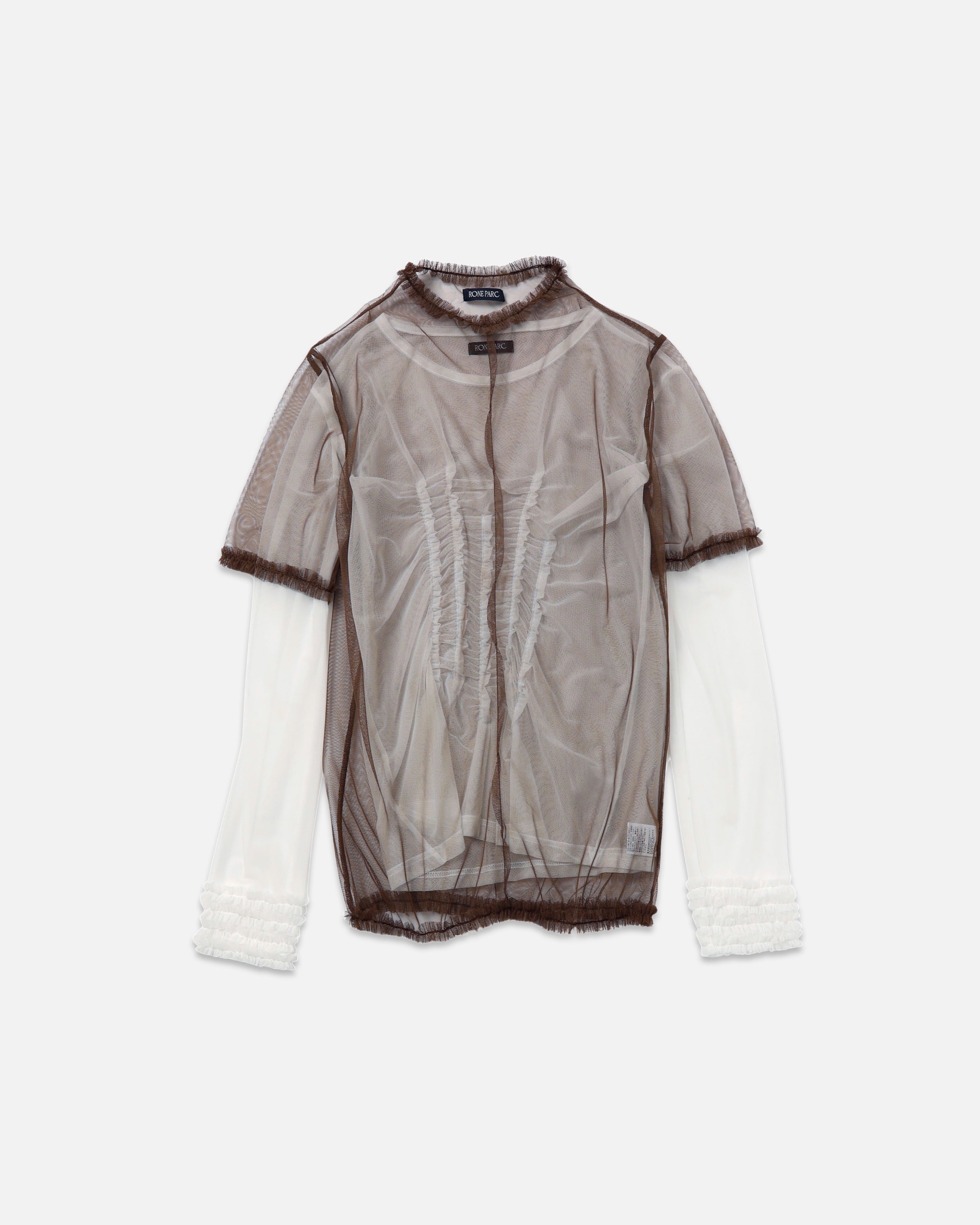 4way layered sheer top (white×brown)