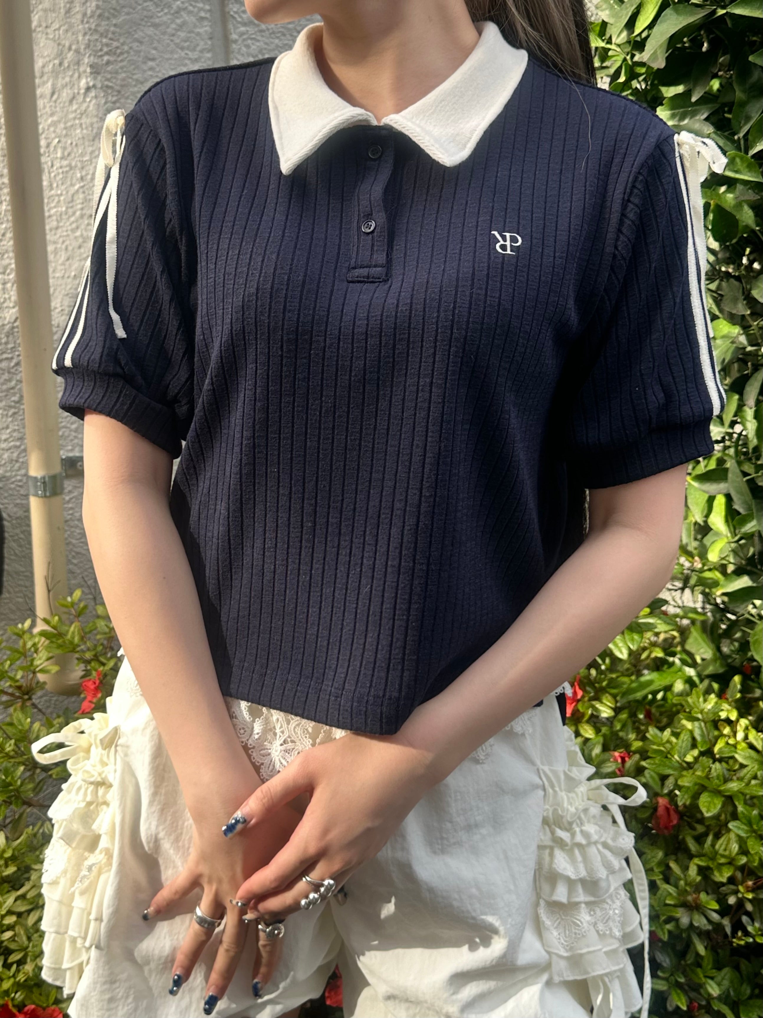 Ribbon shoulder knit polo shirt (navy)